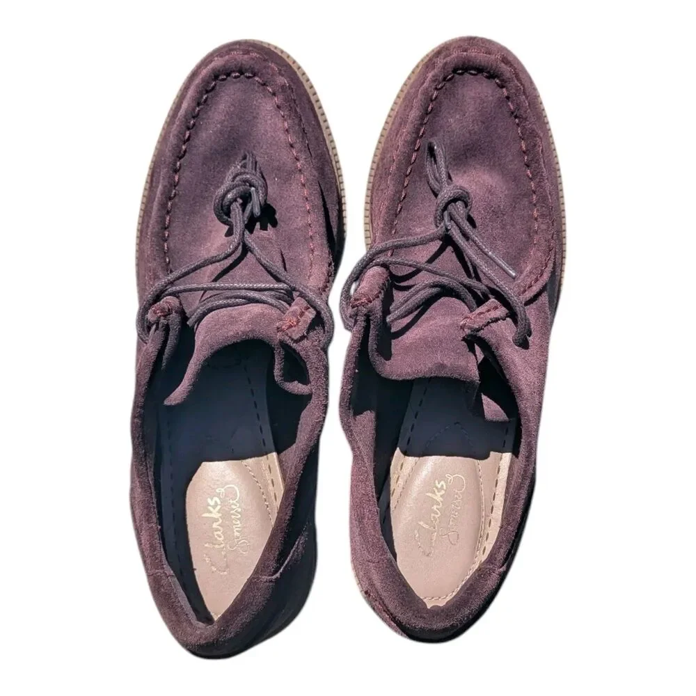 Clarks Somerset Balmer Willow Purple Suede Heeled Wallabee Loafers Womens Size 9